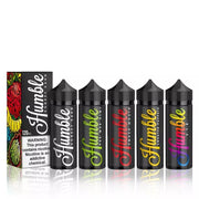 A collection of Humble Juice 100ML E-Liquid bottles in various flavors, with colorful labels and a black and white design.